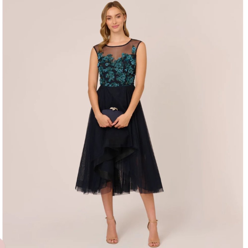 NWT ADRIANNA PAPELL BEADED MIDI DRESS WITH TULLE SKIRT IN MIDNIGHT MULTI